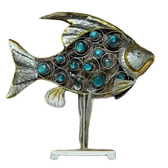 Fish Metallic Glass Statue Figure Metal Abstract 16 ½” Tall & Wide - Picture 2 of 8